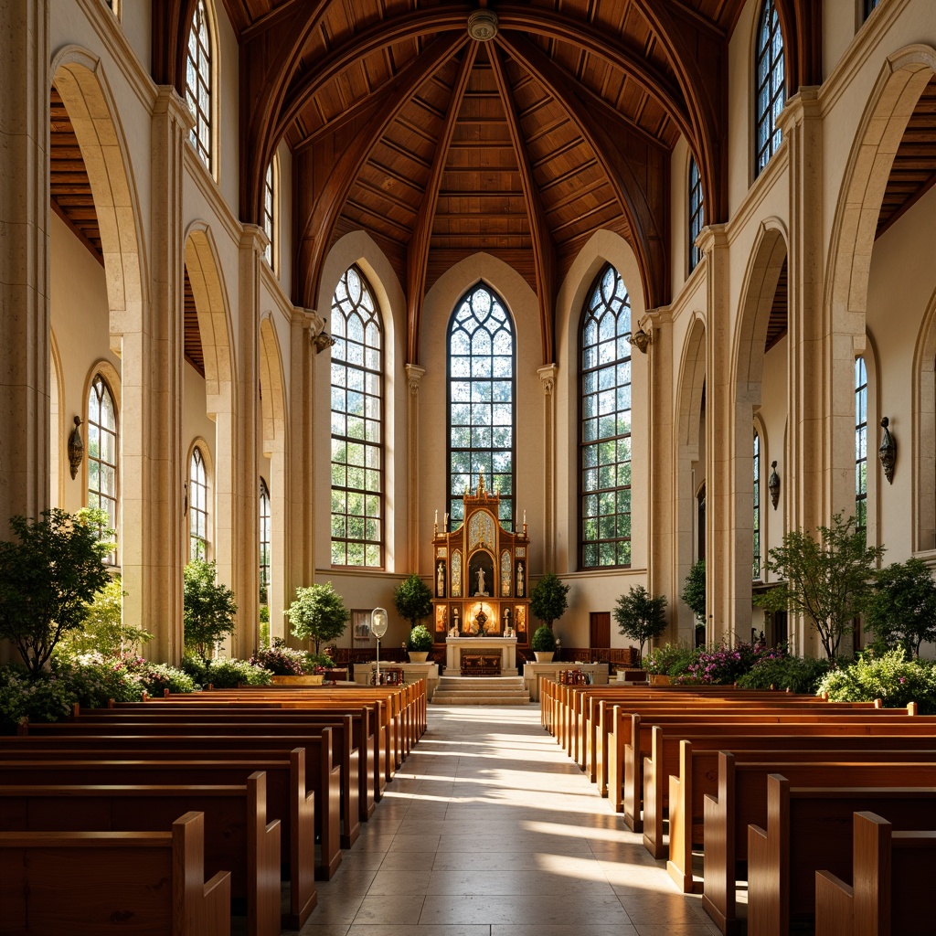 Prompt: \Elegant worship space, rich wood accents, stained glass windows, warm beige stone walls, soft golden lighting, comforting cream-colored pews, ornate wooden altars, majestic vaulted ceilings, serene natural surroundings, lush greenery, vibrant floral arrangements, subtle earthy tones, calming blue hues, inspirational quotes, traditional Christian symbols, intricate Gothic arches, warm inviting atmosphere, realistic textures, ambient occlusion, shallow depth of field, 3/4 composition, panoramic view.\