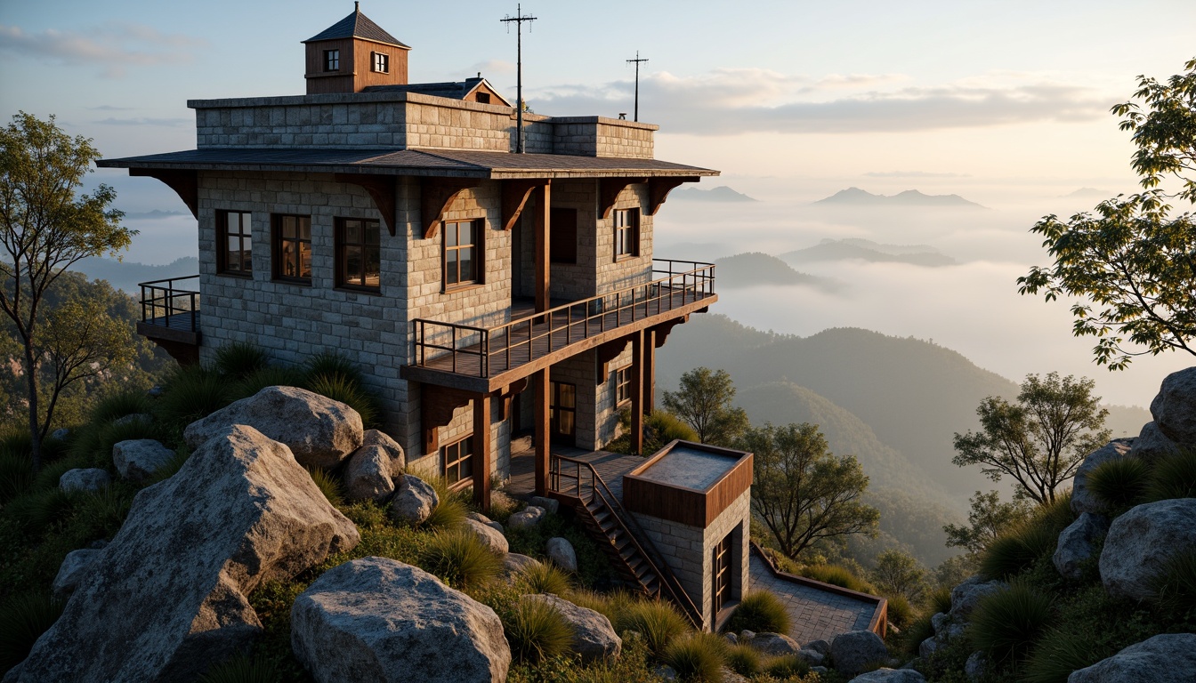 Prompt: Watchtower on hilltop, rugged stone walls, rusty metal accents, weathered wooden beams, scenic lookout points, winding staircases, panoramic views, misty mountain air, soft warm lighting, shallow depth of field, 3/4 composition, natural textures, ambient occlusion, overgrown vegetation, moss-covered rocks, gnarled tree branches, serene atmosphere, early morning fog, subtle color palette, harmonious integration with surroundings.