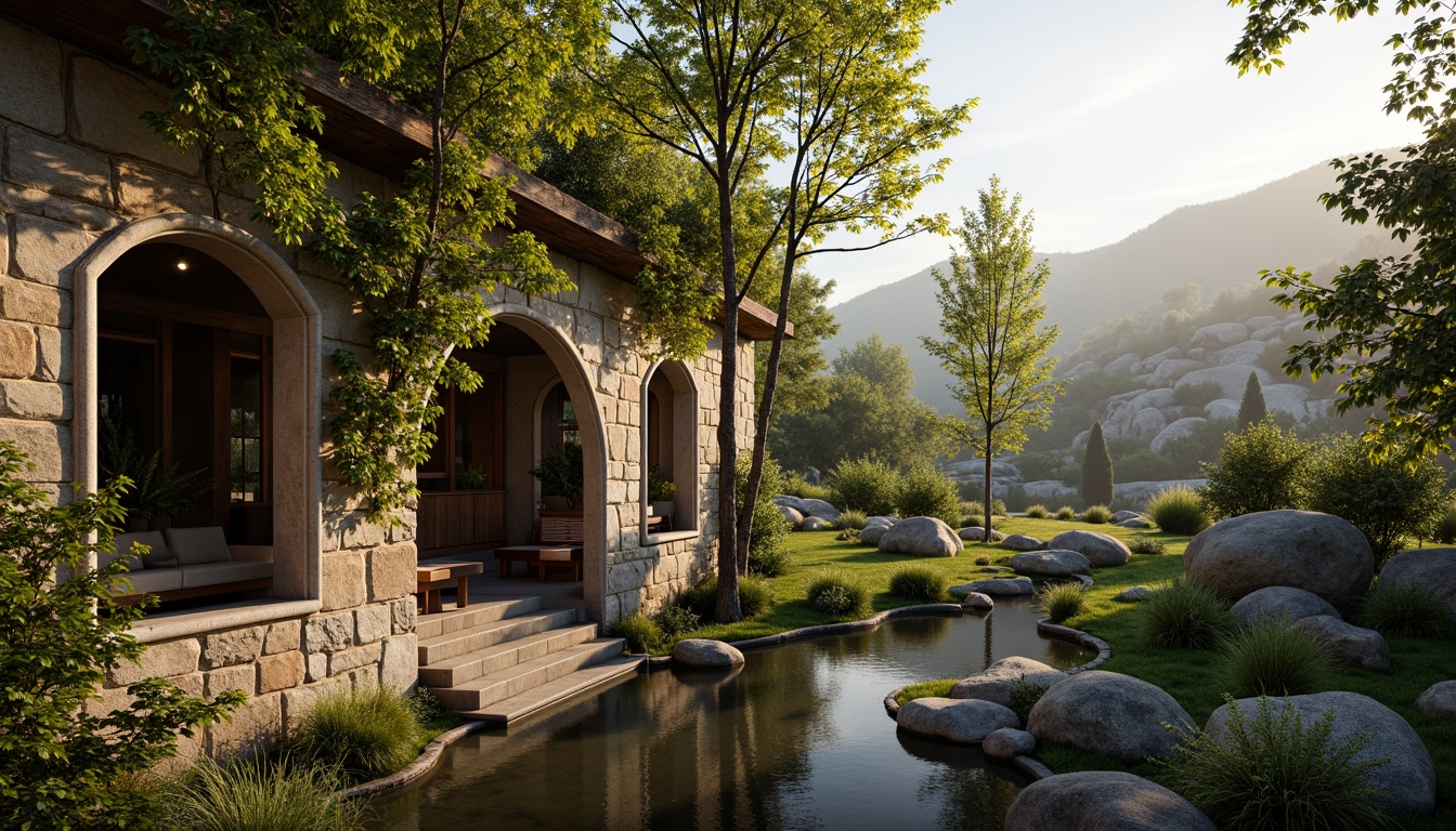 Prompt: Rustic stone walls, lush green vines, ornate carvings, grand archways, medieval-inspired architecture, tranquil water features, serene natural surroundings, rolling hills, scenic overlooks, warm golden lighting, soft focus, atmospheric mist, 1/1 composition, intimate framing, rich textures, subtle color palette.