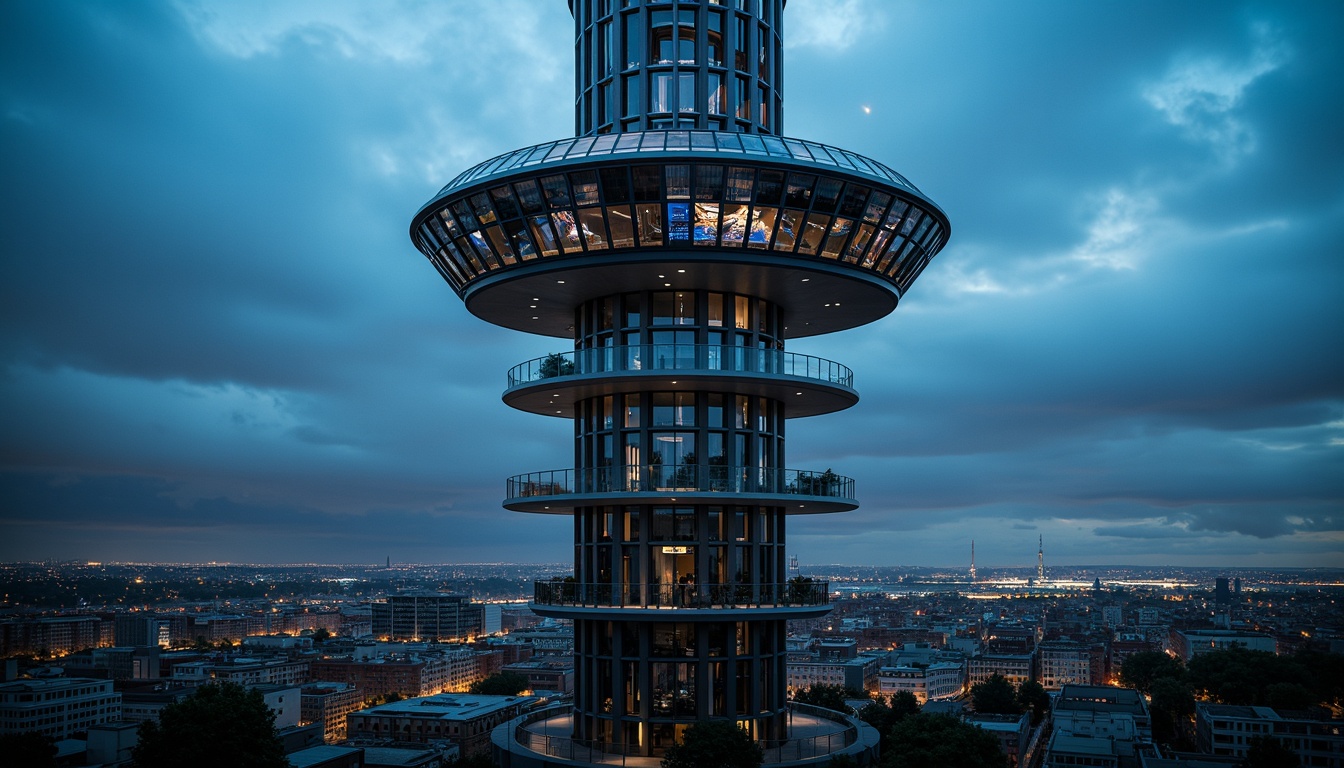 Prompt: Futuristic watchtower, sleek metallic fa\u00e7ade, geometric patterns, LED lighting displays, dynamic angular lines, modern observatory design, elevated viewing decks, panoramic cityscape views, urban landscape, cloudy blue sky, dramatic nighttime illumination, high-contrast shadows, detailed architectural textures, cinematic composition, 1/2 camera angle, wide-angle lens, realistic render.