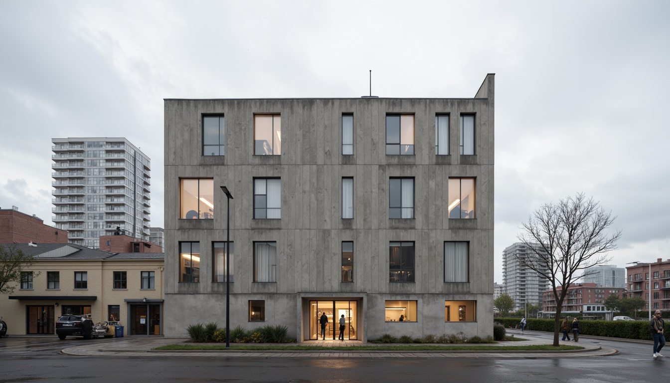 Prompt: Industrial building facade, fiber-cement cladding, rough textured surface, neutral color palette, brutalist architecture, urban cityscape, cloudy overcast sky, soft diffused lighting, 1/1 composition, shallow depth of field, realistic materials, ambient occlusion.