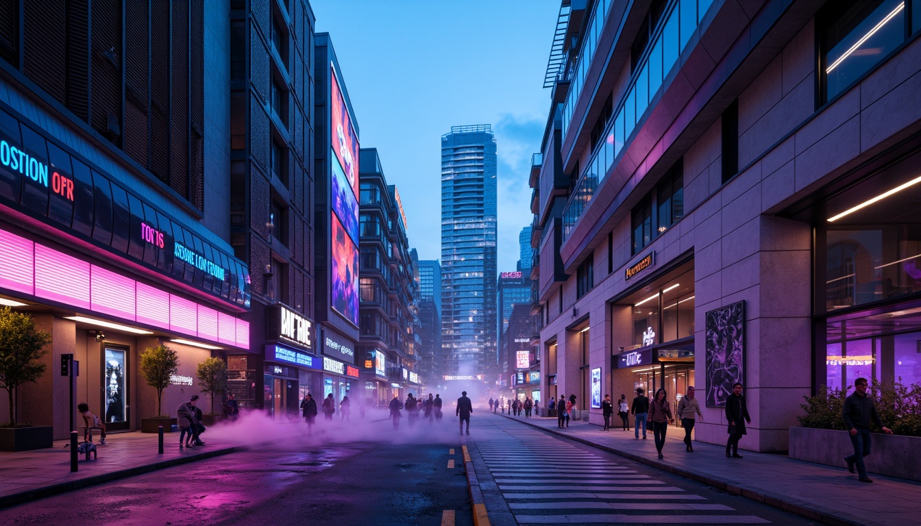 Prompt: Neon-lit cityscape, futuristic skyscrapers, metallic reflections, iridescent hues, glowing neon lights, electric blue accents, vibrant purple undertones, retro-futuristic nostalgia, sleek curved lines, angular geometric shapes, luminescent glass fa\u00e7ades, holographic advertisements, cyberpunk ambiance, dark mysterious alleys, atmospheric fog, cinematic lighting, high-contrast shadows, futuristic transportation systems, levitating vehicles, sci-fi inspired materials, holographic projections, virtual reality interfaces.