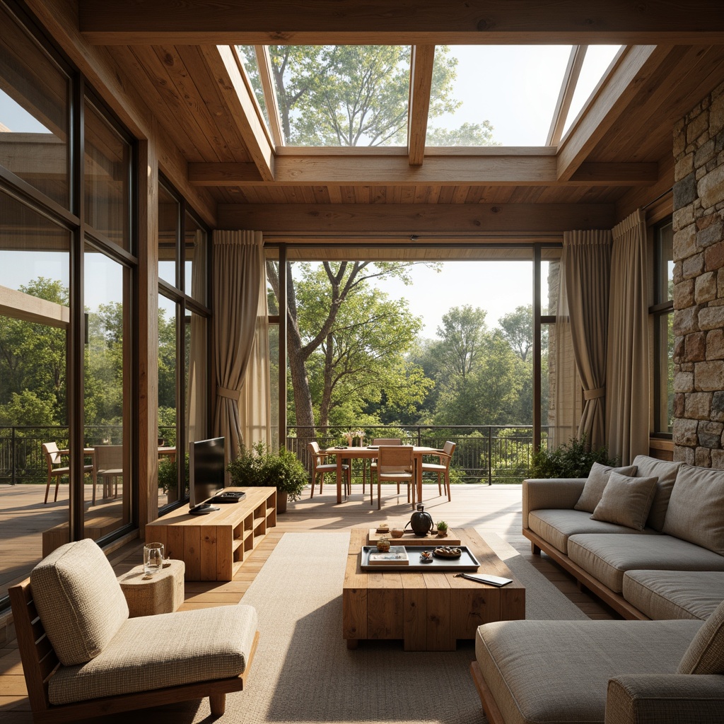 Prompt: Cozy living room, large windows, sliding glass doors, skylights, clerestory windows, natural stone walls, wooden floors, earthy tone color scheme, soft warm lighting, morning sunlight, indirect daylight, ambient shadows, 3/4 composition, shallow depth of field, realistic textures, subtle reflections, inviting atmosphere, comfortable furnishings, greenery views, outdoor connections, seamless transitions.