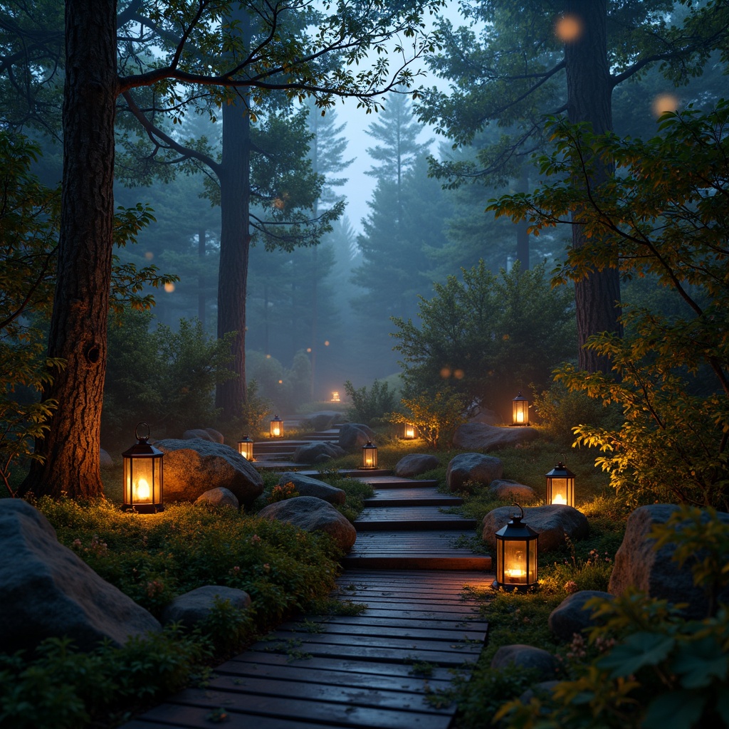 Prompt: Mystical forest, twinkling fireflies, warm sunset glow, soft misty atmosphere, eerie shadows, ancient trees, moss-covered stones, rustic wooden bridges, lanterns with warm candlelight, glowing mushrooms, subtle fog effects, shallow depth of field, 1/1 composition, cinematic lighting, high contrast ratio, vibrant color palette, ambient occlusion.