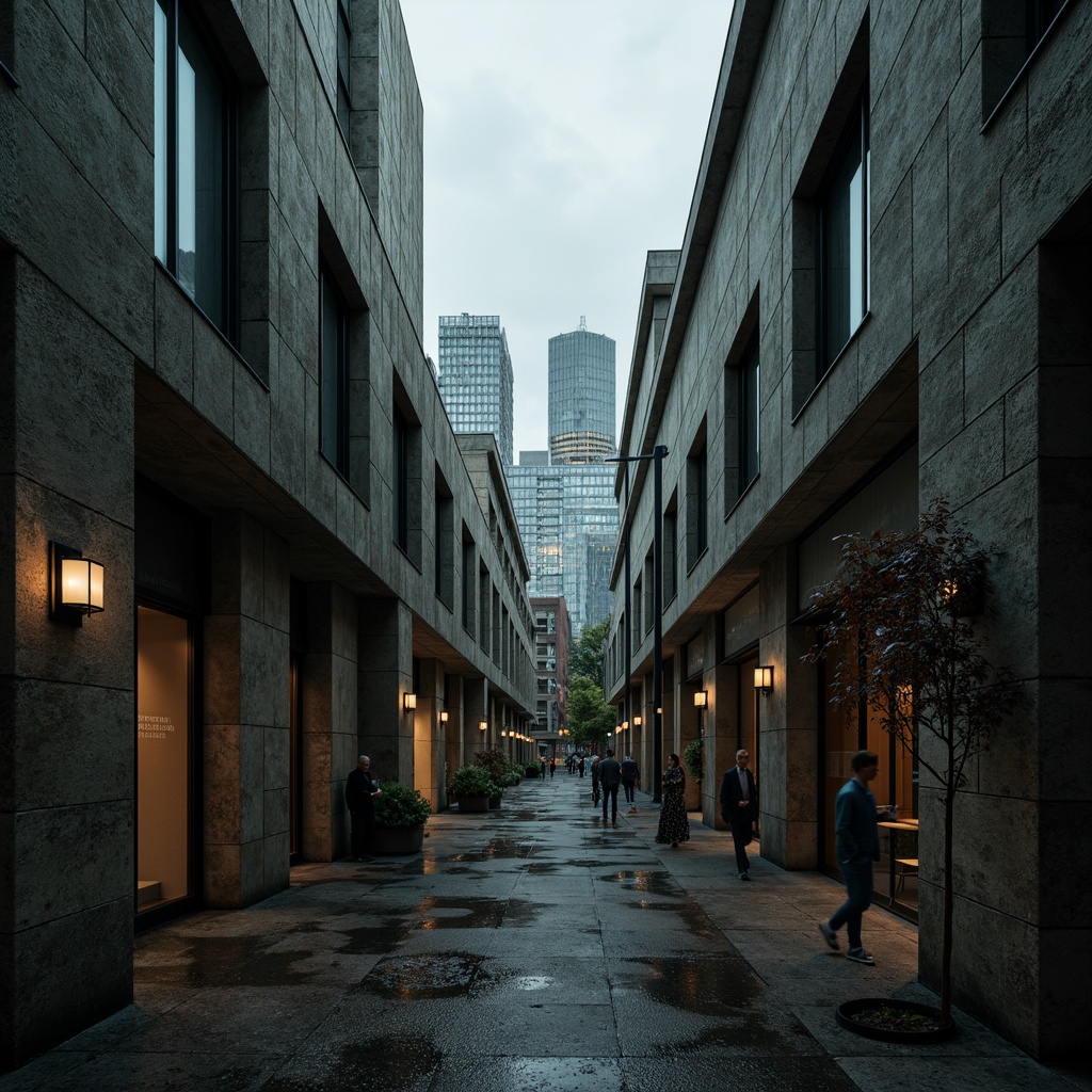 Prompt: Rough-hewn concrete walls, brutalist architecture, rugged stone textures, industrial metal accents, raw unfinished wood, bold geometric patterns, dramatic shadows, high-contrast lighting, atmospheric misting, urban cityscape, modern metropolis, rainy day, moody ambiance, cinematic composition, low-angle shot, gritty realistic rendering.