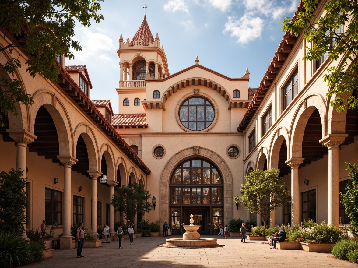 Prompt: Grandiose Romanesque architecture, intricately carved stone facades, ornate Gothic arches, vibrant red terra cotta tiles, curved rooflines, bell-shaped turrets, majestic clock towers, grand entrance halls, ornamental metalwork, stained glass windows, warm golden lighting, shallow depth of field, 1/1 composition, symmetrical view, highly detailed textures, ambient occlusion.