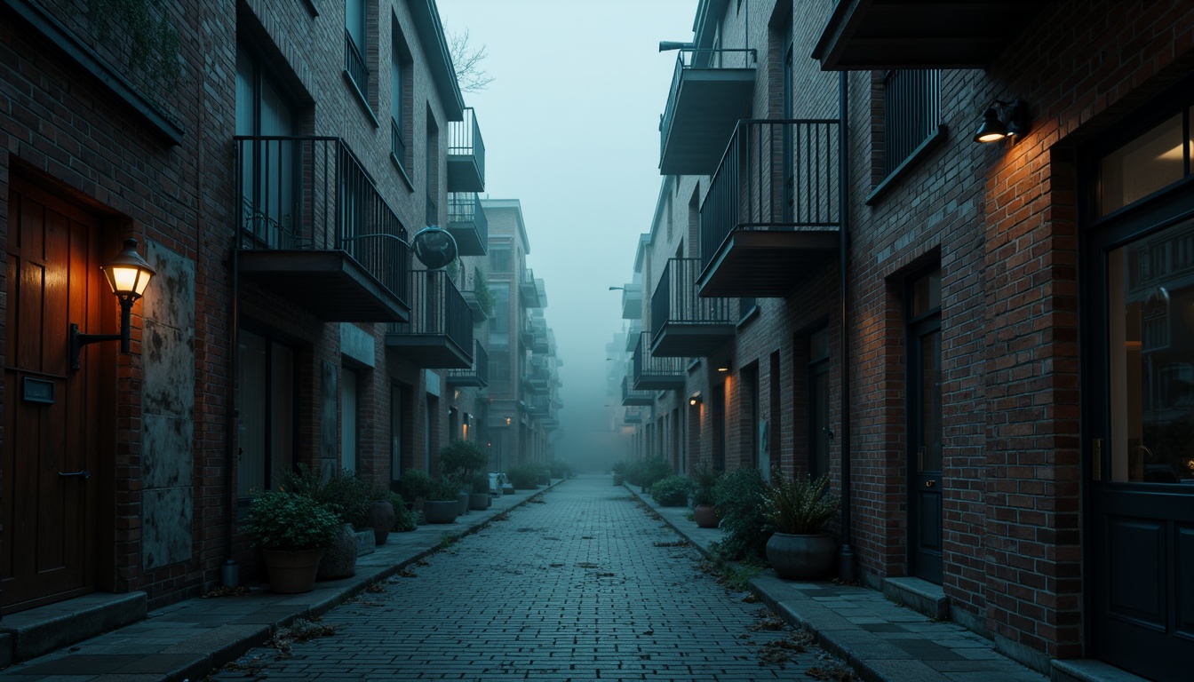 Prompt: Moody urban landscape, industrial atmosphere, distressed brick walls, rusty metal accents, Prussian blue hues, rich wood textures, ornate ironwork, vintage street lamps, foggy morning light, cinematic shallow depth of field, 2/3 composition, atmospheric perspective, misty ambient occlusion.