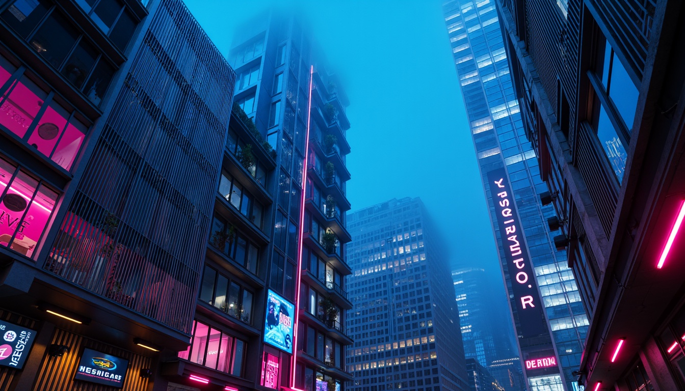 Prompt: Neon-lit cityscape, futuristic skyscrapers, metallic surfaces, glowing blue accents, holographic displays, iridescent hues, neon pink highlights, electric blue undertones, chrome finishes, cyberpunk atmosphere, dark shadows, vibrant LED lights, atmospheric mist, cinematic lighting, 1/2 composition, high contrast ratio, realistic reflections, ambient occlusion.