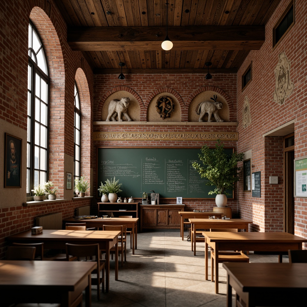 Prompt: Traditional educational institution, historic brick buildings, rustic red brick facade, ornate stone carvings, arched windows, sturdy columns, vintage chalkboards, wooden desks, nostalgic atmosphere, warm natural lighting, shallow depth of field, 1/2 composition, realistic textures, ambient occlusion.