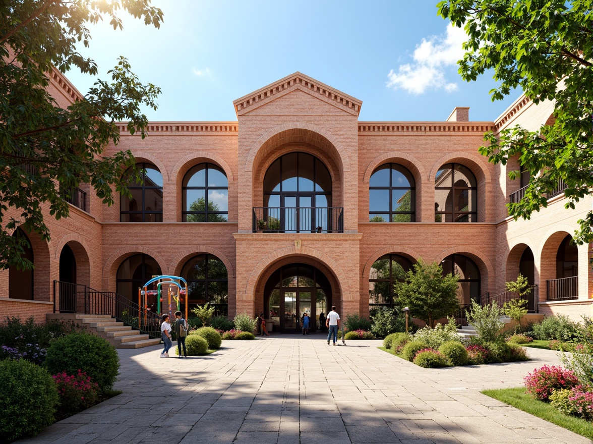 Prompt: Rustic high school building, traditional brick facade, earthy red tones, textured stone walls, ornate archways, grand entrance gates, lush greenery, vibrant flowers, playground equipment, climbing frames, educational signs, natural stone walkways, modern architecture, large windows, glass doors, blooming trees, sunny day, soft warm lighting, shallow depth of field, 3/4 composition, panoramic view, realistic textures, ambient occlusion.