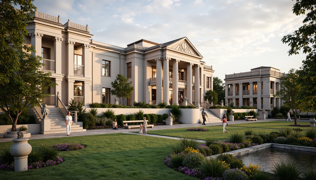 Prompt: Grandiose neoclassical building, ornate columns, symmetrical facade, intricately carved details, lush greenery, vibrant flowers, manicured lawns, serene water features, classical sculptures, imposing stone statues, harmonious balance of architecture and nature, gentle warm lighting, soft focus, 3/4 composition, panoramic view, realistic textures, ambient occlusion.