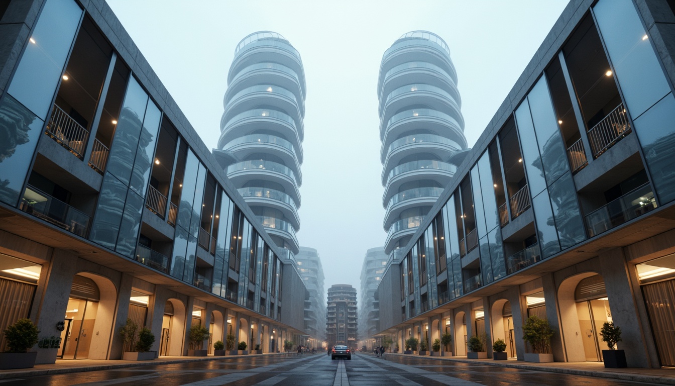 Prompt: Geometric energy plant, symmetrical facade, reflective glass surfaces, sleek metal frameworks, angular lines, minimalist design, futuristic architecture, industrial landscapes, misty atmosphere, soft warm lighting, shallow depth of field, 1/1 composition, central axis symmetry, radial patterns, circular motifs, spiral staircases, identical twin towers, harmonious color scheme, metallic accents, LED light installations, innovative cooling systems, solar panels, wind turbines.