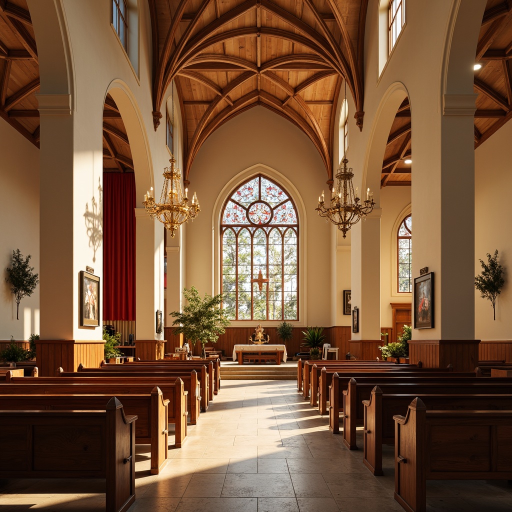 Prompt: Sacred church interior, warm golden lighting, soft cream walls, rich wood accents, stained glass windows, ornate chandeliers, elegant pews, vibrant red velvet drapes, subtle beige stone flooring, intricate Gothic arches, soaring vaulted ceilings, dramatic shadows, 1/1 composition, realistic textures, ambient occlusion.