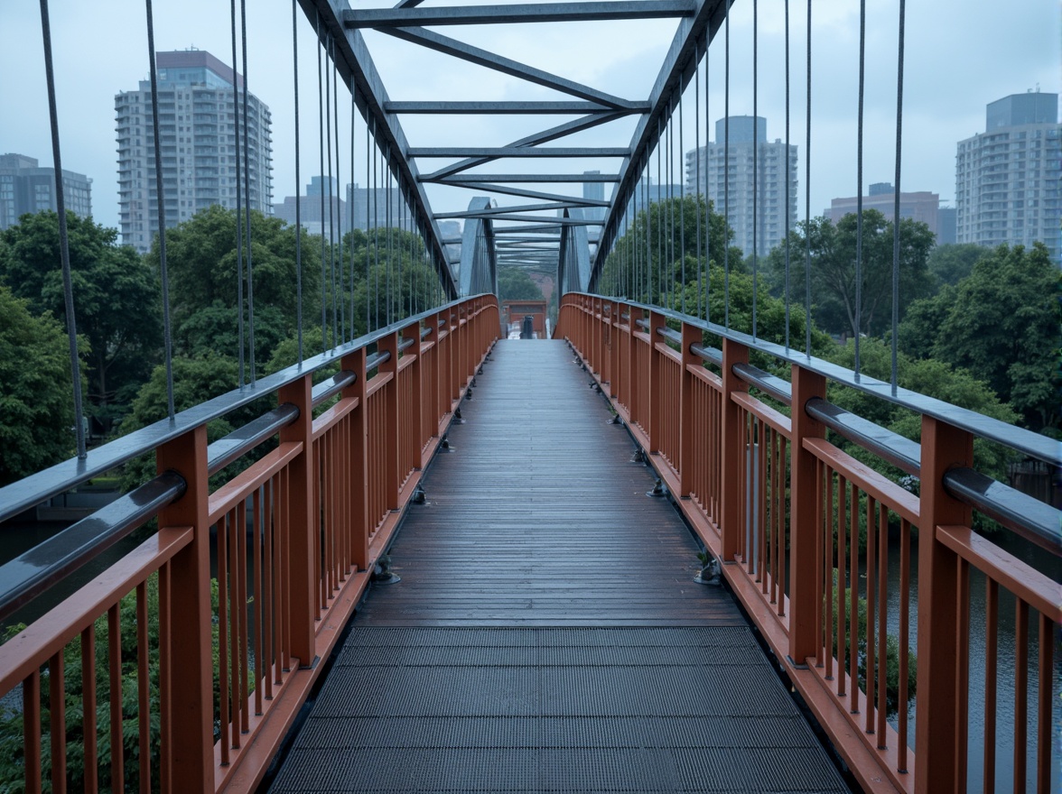 Prompt: Pedestrian bridge, modern infrastructure, sleek metal railings, durable concrete piers, weathered steel beams, textured wood decking, warm LED lighting, urban cityscape, misty morning atmosphere, shallow depth of field, 1/2 composition, realistic reflections, ambient occlusion, vibrant greenery, natural stone abutments, stainless steel cables, glass flooring, industrial design aesthetic, functional minimalism.