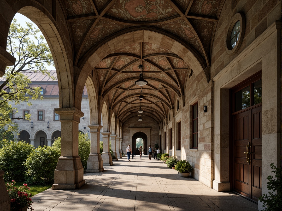 Prompt: Romanesque arches, stone carvings, ornate columns, grand entranceways, rustic stonework, vaulted ceilings, stained glass windows, intricate mosaics, ornamental capitals, weathered copper roofs, lush greenery, misty atmosphere, soft warm lighting, shallow depth of field, 3/4 composition, panoramic view, realistic textures, ambient occlusion.