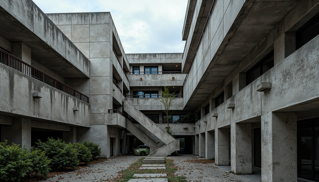 Prompt: Gritty brutalist architecture, raw concrete surfaces, weathered steel beams, industrial textures, rugged stone walls, monochromatic color scheme, dark earthy tones, muted grays, cold blues, warm neutrals, bold primary colors, geometric patterns, urban cityscape, overcast sky, dramatic shadows, high-contrast lighting, strong angular lines, brutalist sculptural forms, monumental scale, abstract modern art, graffiti murals, industrial heritage.