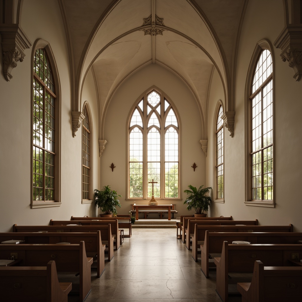 Prompt: Minimalist church interior, natural light transmission, stained glass windows, soft warm illumination, subtle shadows, clean lines, simple shapes, monochromatic color scheme, smooth stone floors, wooden pews, elegant arches, vaulted ceilings, sacred symbols, ornate details, subtle textures, realistic materials, ambient occlusion, shallow depth of field, 1/1 composition, intimate atmosphere, peaceful ambiance.