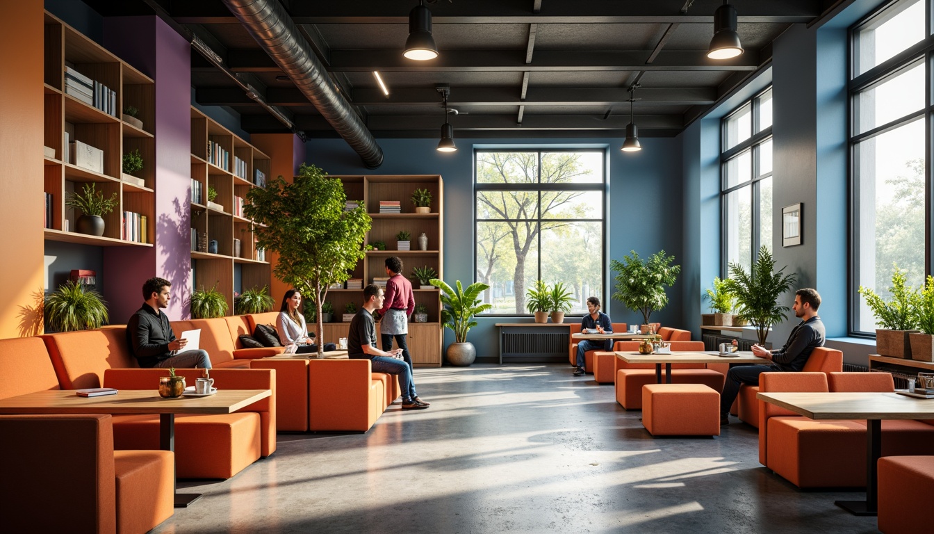 Prompt: Cozy student lounge, vibrant color scheme, comfortable sofas, wooden coffee tables, modern lighting fixtures, minimalist decor, functional study areas, ergonomic chairs, spacious shelves, industrial-style metal beams, polished concrete floors, natural light pouring in, soft warm ambiance, 1/1 composition, shallow depth of field, realistic textures, ambient occlusion.