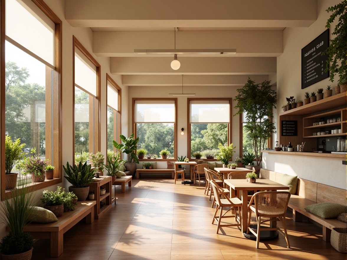 Prompt: Cozy coffee shop interior, abundant natural light, large windows, minimal window treatments, light-colored walls, polished wooden floors, warm beige tones, comfortable seating areas, rustic wooden tables, woven wicker chairs, lush greenery, potted plants, soft warm lighting, 1/1 composition, shallow depth of field, realistic textures, ambient occlusion.