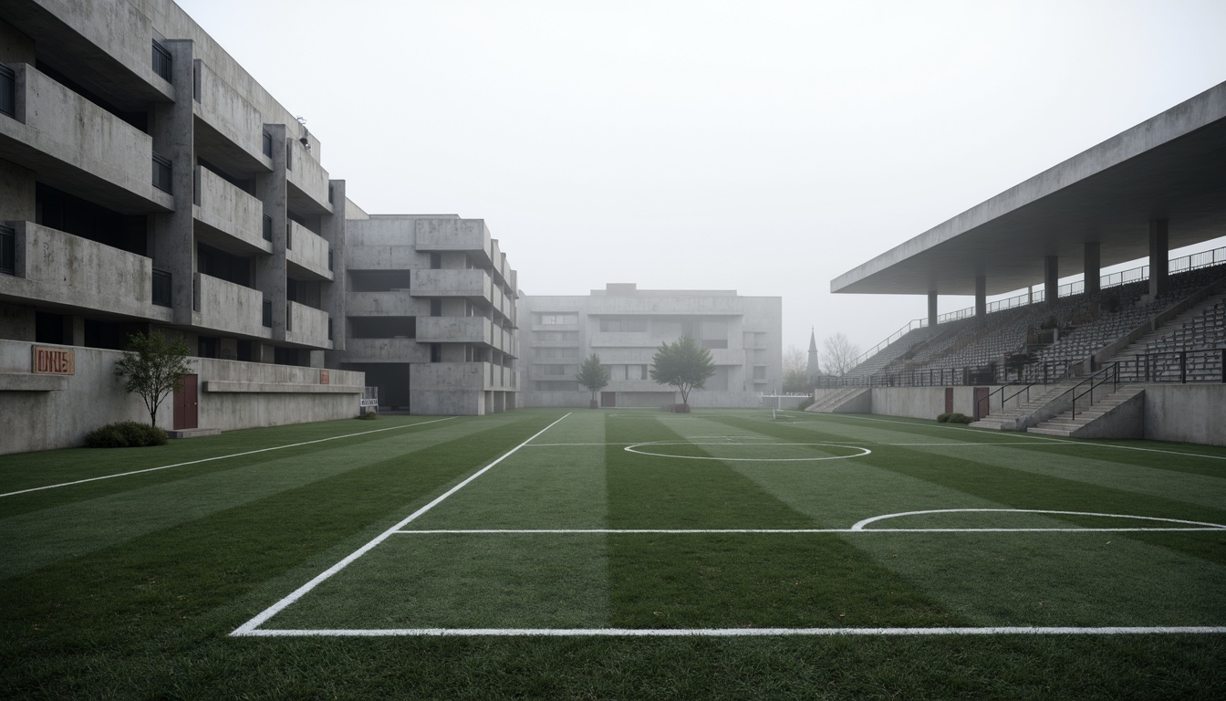 Prompt: Rugged sports fields, brutalist architecture, exposed concrete structures, bold geometric shapes, raw industrial materials, functional simplicity, minimalist design, monolithic forms, fortress-like buildings, cantilevered roofs, dramatic scale, atmospheric lighting, overcast skies, misty ambiance, 3/4 composition, wide-angle lens, realistic textures, ambient occlusion.