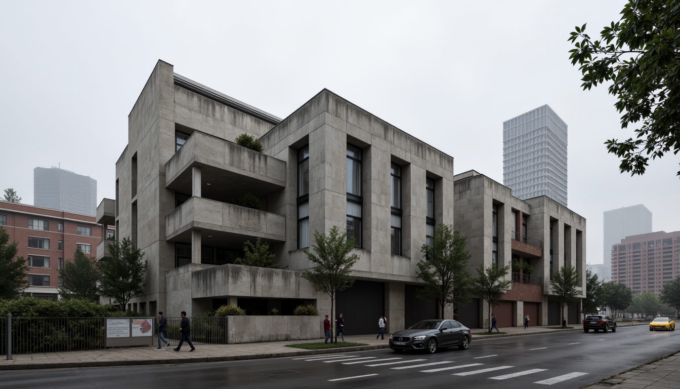 Prompt: Rugged community center, brutalist architecture, raw concrete facades, fortress-like structure, angular lines, geometric shapes, industrial materials, steel beams, exposed ductwork, urban landscape, city streets, morning fog, dramatic shadows, high-contrast lighting, 1/2 composition, symmetrical framing, detailed textures, ambient occlusion.