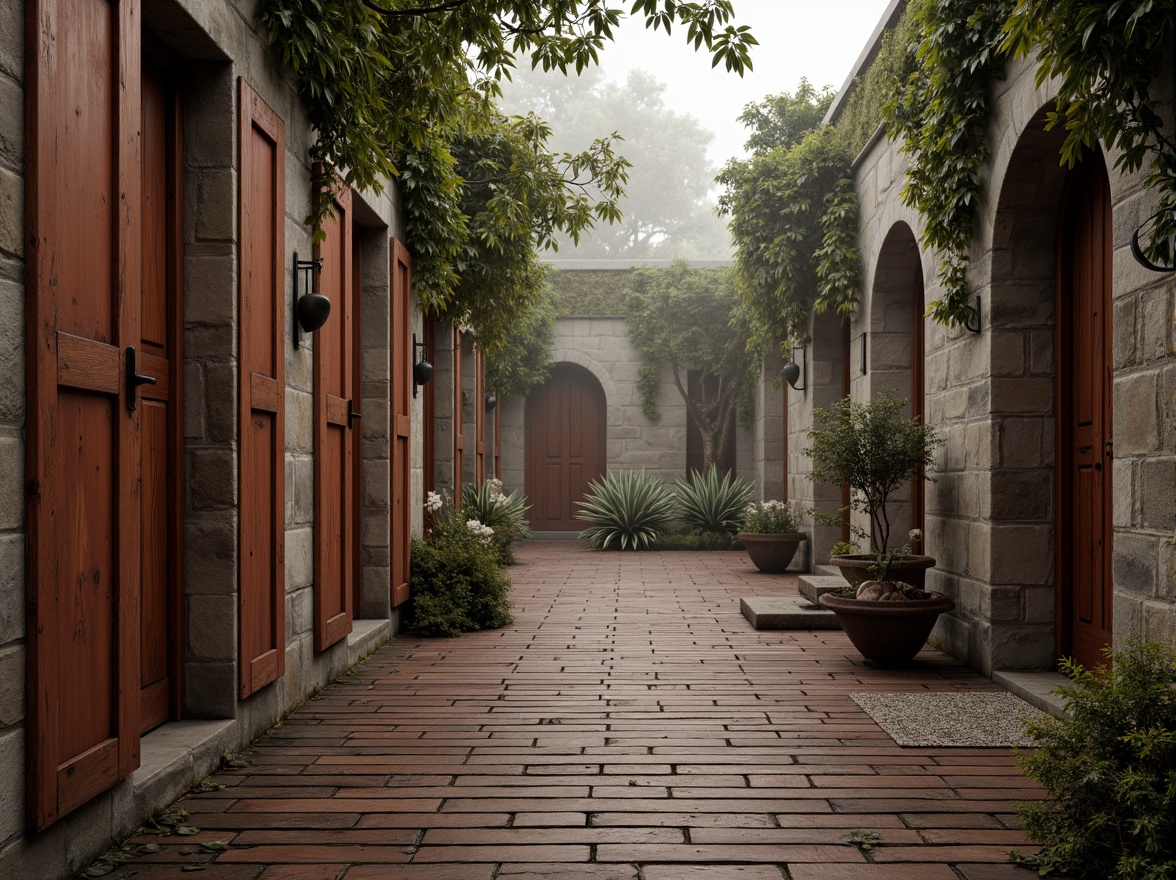 Prompt: Weathered wooden planks, rustic metal accents, vintage distressed finishes, earthy terracotta tones, organic curved lines, natural stone formations, moss-covered walls, overgrown ivy, mysterious foggy atmosphere, soft warm lighting, shallow depth of field, 3/4 composition, panoramic view, realistic textures, ambient occlusion.