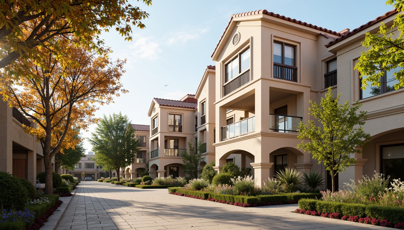 Prompt: Elegant social housing facade, classicism style, symmetrical composition, ornate details, columns and pilasters, arched windows, balconies with intricate metalwork, warm beige stone cladding, soft creamy stucco, subtle cornice moldings, pitched roofs with red terracotta tiles, lush greenery, flowering plants, pedestrian walkways, natural stone paving, quiet residential neighborhood, sunny afternoon, soft warm lighting, shallow depth of field, 1/2 composition, realistic textures, ambient occlusion.