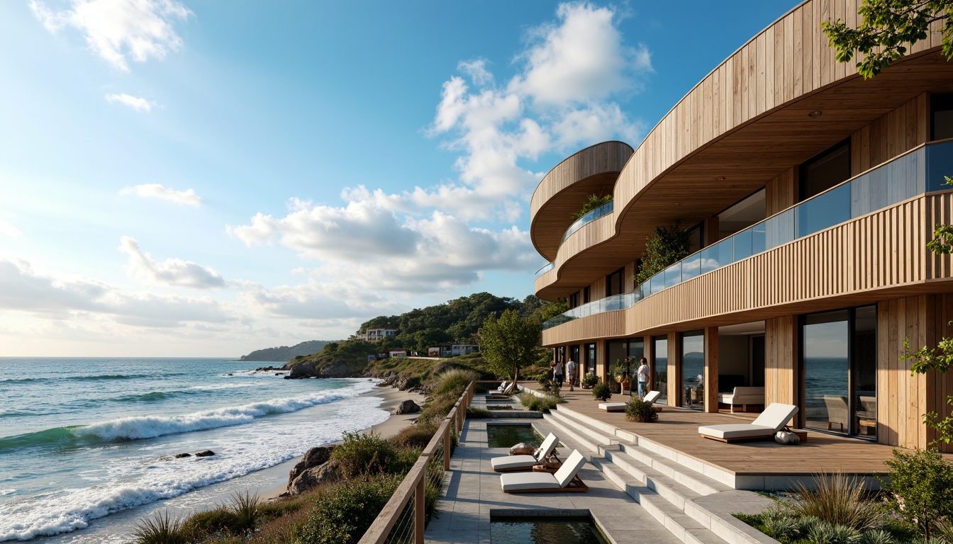 Prompt: Wave-crashing coastline, salty sea air, ocean views, modern coastal homes, large windows, sliding glass doors, wooden decks, outdoor lounging areas, beach-inspired color palette, weathered wood accents, corrugated metal cladding, asymmetrical rooflines, cantilevered structures, natural ventilation systems, solar panels, wind-resistant designs, curved lines, nautical-themed decorations, driftwood furniture, sea-glass tiles, ocean-breeze sounds, soft warm lighting, shallow depth of field, 1/1 composition, panoramic view, realistic textures, ambient occlusion.