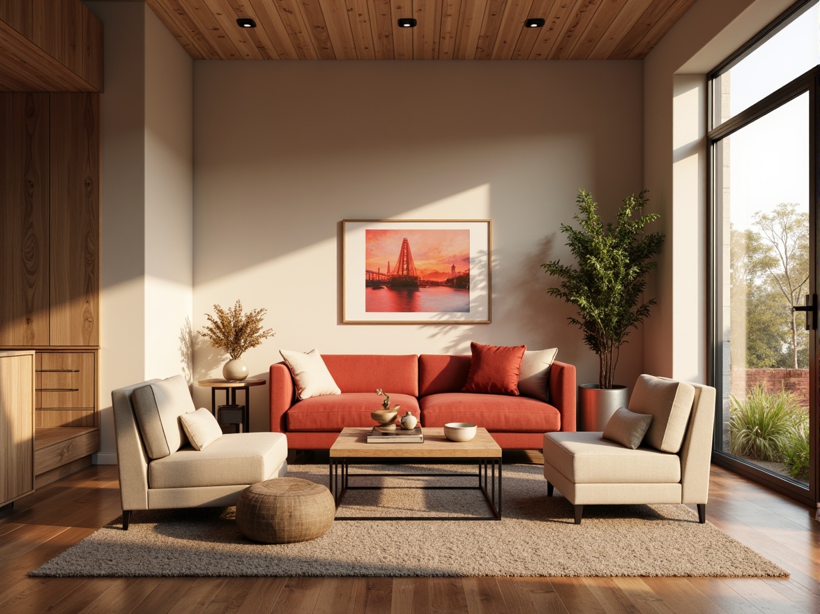 Prompt: Cozy apartment, warm beige walls, rich walnut flooring, comfortable furnishings, soft velvet textures, calming natural light, airy open spaces, modern minimalist decor, sleek metal accents, subtle monochromatic colors, soothing earthy tones, vibrant pops of coral, serene atmosphere, morning sunlight, gentle shadows, 3/4 composition, shallow depth of field.