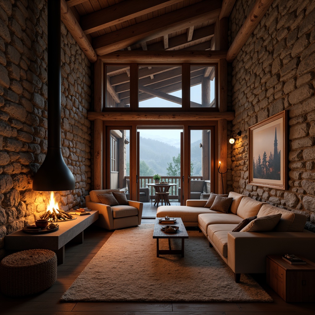 Prompt: Rustic mountain lodge, wooden accents, earthy tones, natural stone walls, cozy fireplaces, comfortable furnishings, warm ambient lighting, soft misty atmosphere, subtle depth of field, 1/1 composition, intimate interior spaces, rich textures, atmospheric perspective.Please let me know if this meets your requirements or if you need further adjustments!