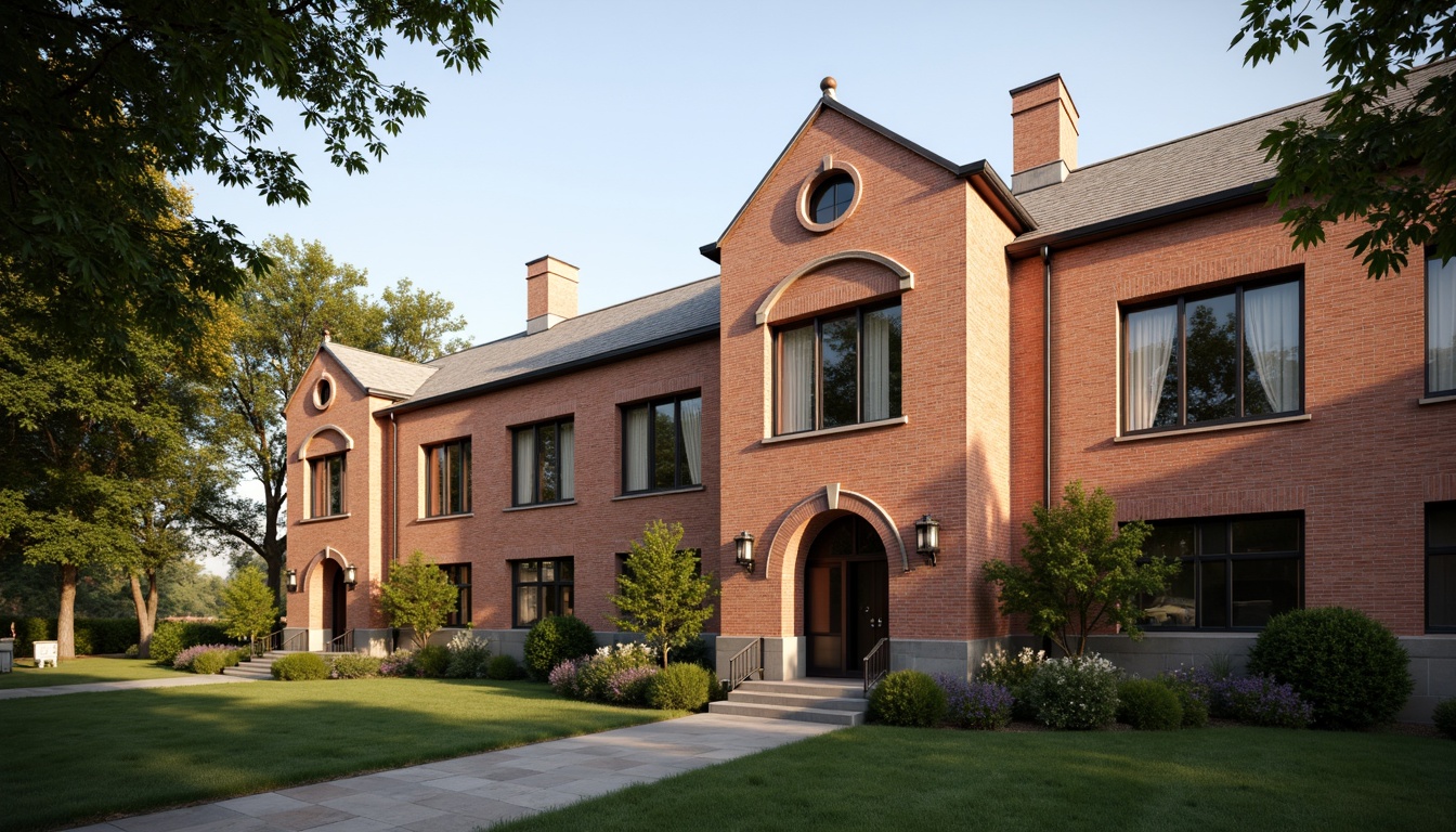 Prompt: Traditional educational institution, rustic brick fa\u00e7ade, earthy tones, ornate details, arched windows, grand entrance, manicured lawns, mature trees, serene atmosphere, soft natural lighting, shallow depth of field, 3/4 composition, realistic textures, ambient occlusion.