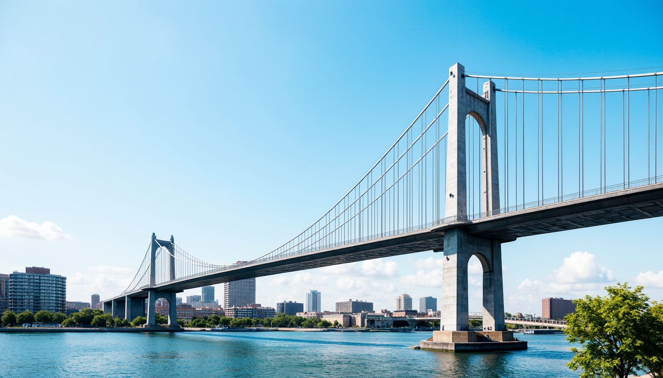 Prompt: Sleek suspension bridge, elegant curves, robust steel cables, sturdy pillars, scenic river views, urban cityscape, modern architectural style, functional traffic flow, efficient structural systems, durable materials, vibrant blue water, sunny day, soft natural lighting, 3/4 composition, panoramic view, realistic textures, ambient occlusion.