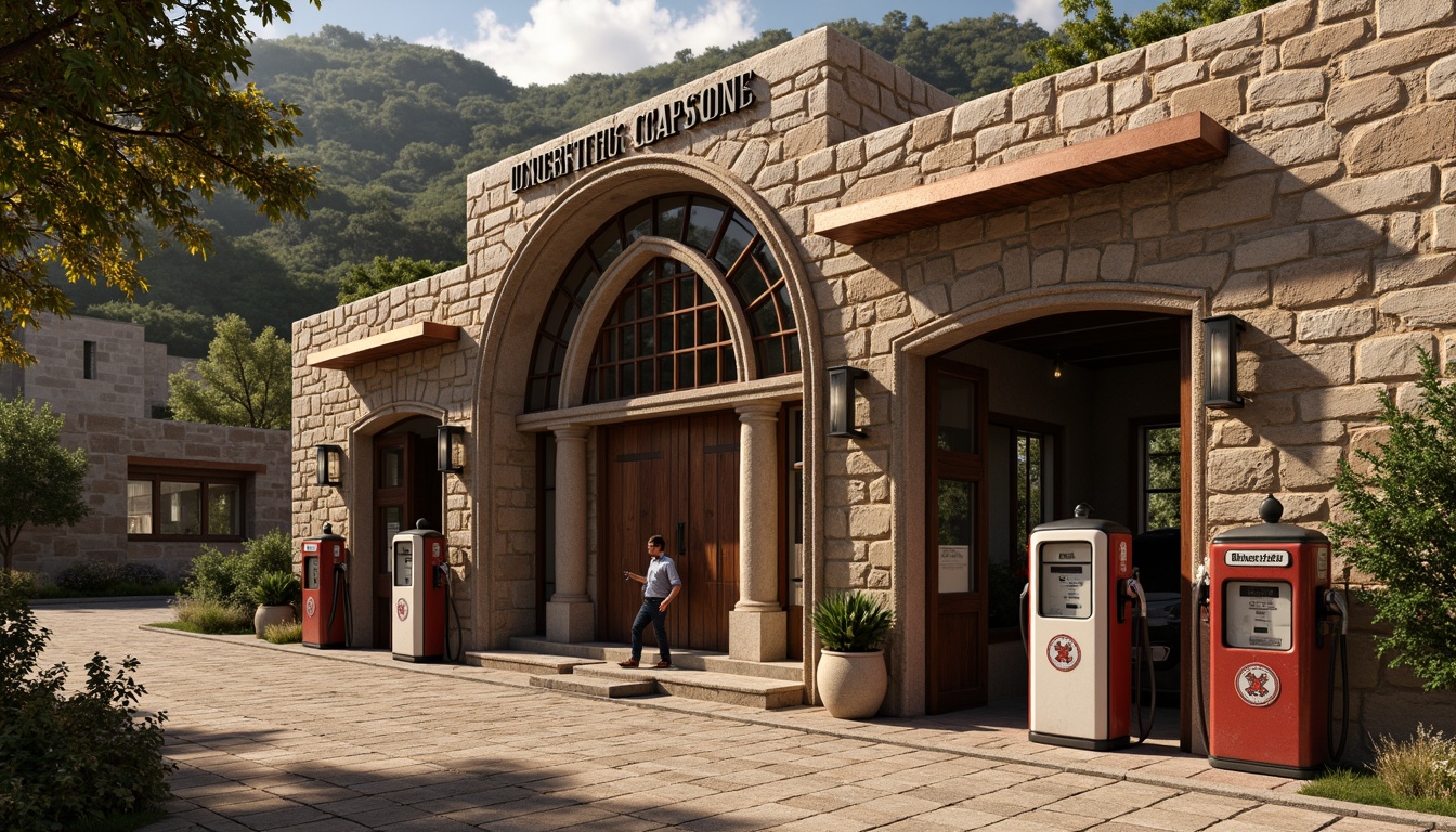 Prompt: Rustic gas station, Romanesque architecture, stone cladding, rough-hewn granite walls, ornate archways, Gothic-inspired windows, heavy wooden doors, vintage fuel pumps, distressed metal signage, weathered copper roofing, asymmetrical fa\u00e7ade, earthy color palette, warm golden lighting, dramatic shadows, shallow depth of field, 1/2 composition, narrow aperture, realistic textures, ambient occlusion.