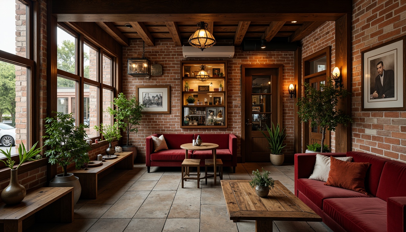 Prompt: Cozy coffee shop interior, warm earthy tones, rich wood accents, ornate metal fixtures, decorative lighting, plush velvet furniture, comfortable seating areas, rustic brick walls, vintage decor, eclectic artwork, distressed wooden tables, elegant ceramic vases, lush greenery, natural stone floors, soft warm lighting, inviting atmosphere, 1/1 composition, shallow depth of field, realistic textures.