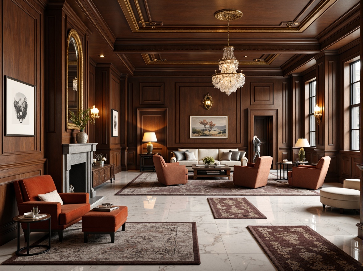 Prompt: Luxurious interior design, rich wood tones, polished marble floors, velvet upholstery, metallic accents, ornate moldings, crystal chandeliers, plush area rugs, statement furniture pieces, neutral color palette, subtle texture contrasts, warm ambient lighting, shallow depth of field, 1/1 composition, realistic reflections, detailed normal maps.