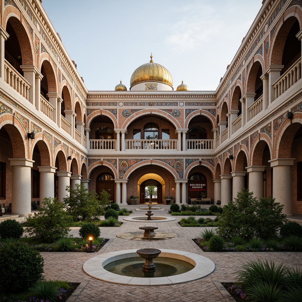 Prompt: Grandiose high school building, Byzantine-inspired architecture, majestic arches, intricate stone carvings, ornate columns, vibrant mosaics, golden domes, rustic brick walls, lush greenery, sprawling courtyards, educational signage, ornamental fountains, soft warm lighting, shallow depth of field, 3/4 composition, panoramic view, realistic textures, ambient occlusion.