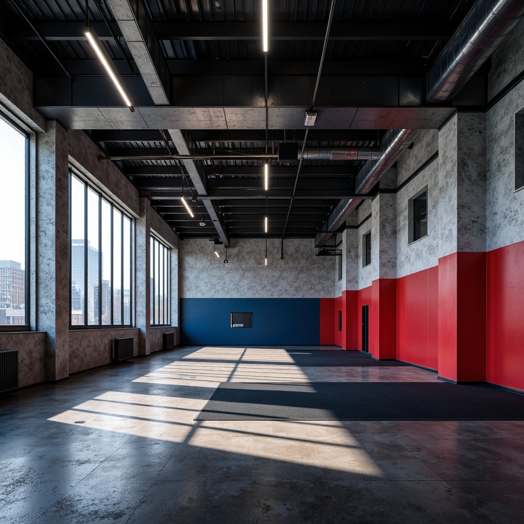 Prompt: Industrial gym interior, exposed ductwork, metallic beams, bold color blocking, primary red accents, deep blue tones, neutral grey backgrounds, functional lighting, minimalist decor, geometric shapes, abstract patterns, urban cityscape views, high-contrast photography, dramatic shadows, low-angle composition, realistic textures, ambient occlusion.