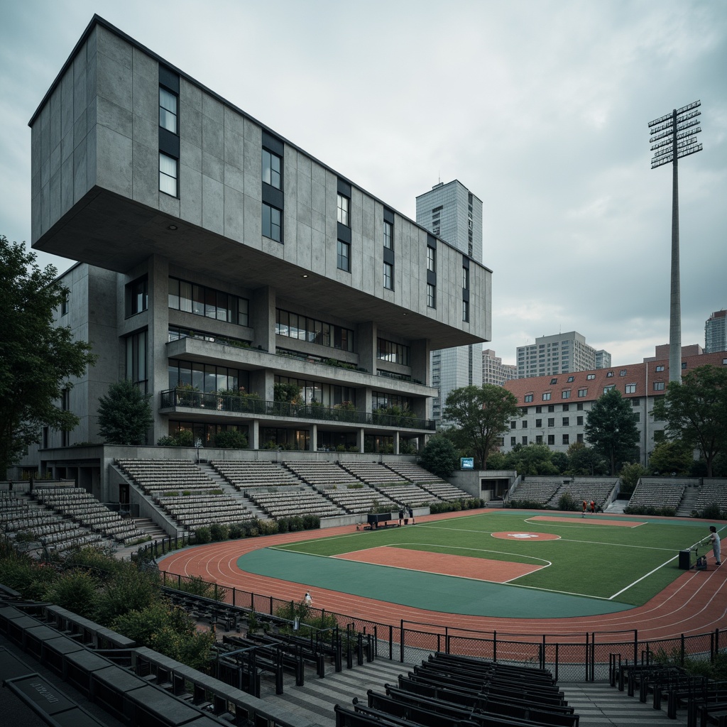 Prompt: Rugged sports fields, brutalist architecture, concrete grandstands, bold geometric shapes, functional simplicity, raw concrete textures, industrial aesthetics, urban landscapes, overcast skies, dramatic shadows, high-contrast lighting, gritty realistic rendering, shallow depth of field, 2/3 composition, dynamic camera angles, muted color palette, weathered steel structures, chain-link fences, athletic tracks, soccer fields, basketball courts, tennis courts, stadium seating, floodlighting, dusk atmosphere.