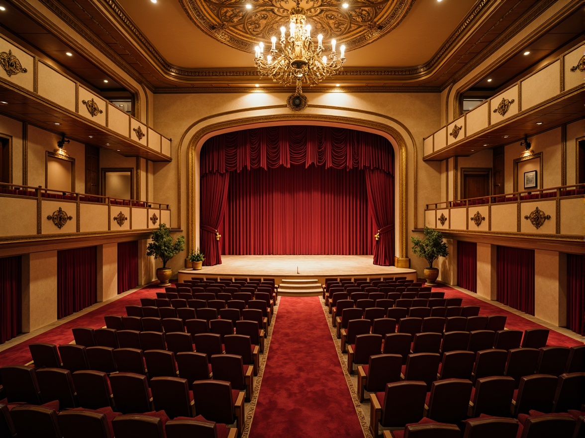 Prompt: Rich wood tones, polished brass accents, warm beige walls, velvet curtains, ornate chandeliers, classic architectural details, grand staircases, luxurious red carpets, intimate performance spaces, refined audience seating, soft warm lighting, dramatic spotlights, 1/2 composition, shallow depth of field, cinematic atmosphere, realistic textures, subtle ambient occlusion.