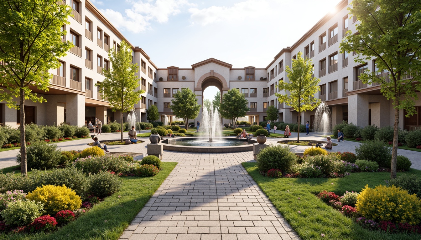 Prompt: Symmetrical social housing complex, classical architecture, grand entrance gates, manicured lawns, vibrant flower beds, ornate fountains, walking paths, pedestrian bridges, mature trees, blooming gardens, outdoor seating areas, natural stone pavement, elegant street lamps, soft warm lighting, 3/4 composition, panoramic view, realistic textures, ambient occlusion.Let me know if you need any adjustments!