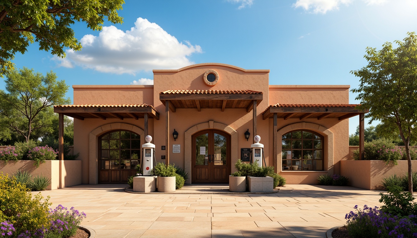 Prompt: Rustic gas station, earthy tone walls, terracotta roofs, ornate stone carvings, arched windows, heavy wooden doors, vintage fuel pumps, distressed metal accents, warm beige pavement, lush greenery, blooming flowers, clear blue sky, soft warm lighting, 3/4 composition, realistic textures, ambient occlusion.Let me know if you need any adjustments!