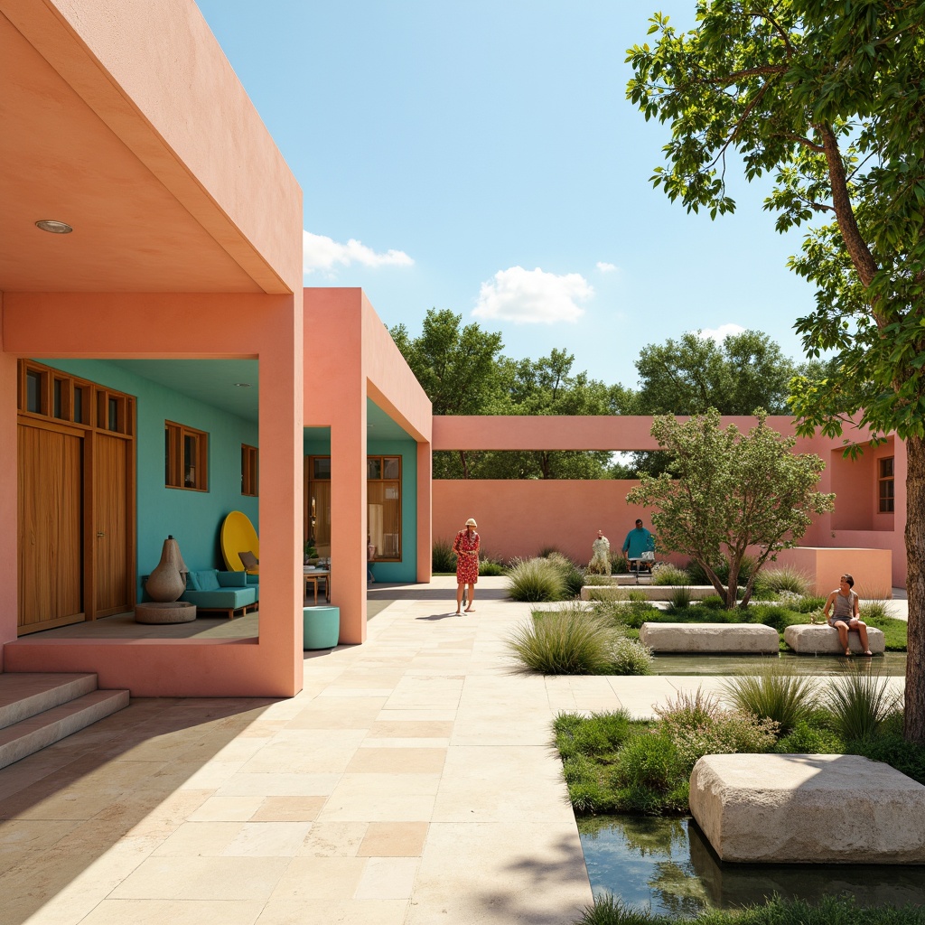 Prompt: Vibrant pavilion, pastel hues, soft peach walls, warm beige floors, rich turquoise accents, bold yellow highlights, natural wood textures, translucent glass roofs, dappled shade, lush greenery surroundings, serene water features, abstract sculptures, modern minimalist design, elegant curves, subtle lighting transitions, 1/1 composition, shallow depth of field, realistic reflections.