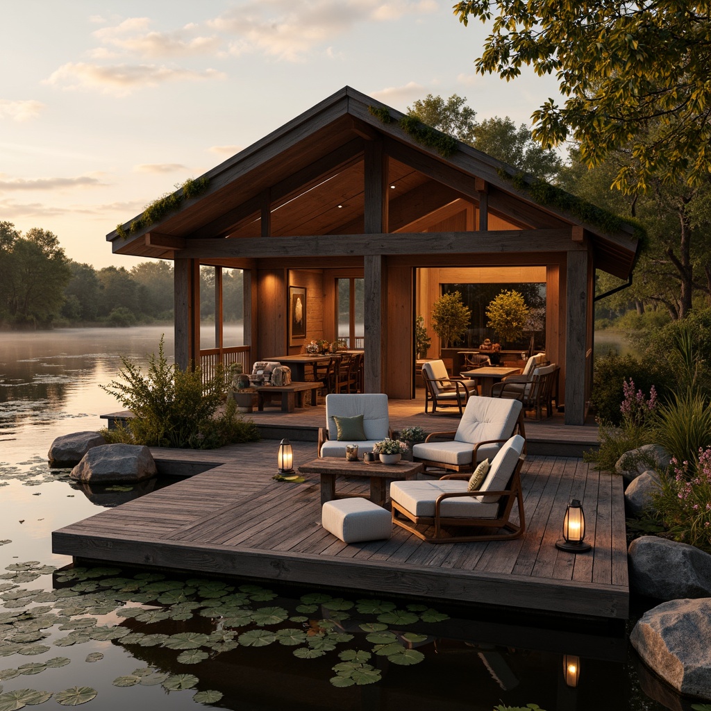 Prompt: Warm boathouse, rustic wooden dock, vintage nautical elements, soft sunset hues, earthy tones, moss-covered stones, weathered wood accents, distressed metal decor, cozy lanterns, natural textiles, woven wicker furniture, plush cushions, tranquil lake surroundings, lily pads, serene water reflections, warm golden lighting, shallow depth of field, 1/1 composition, symmetrical framing, realistic water ripples.