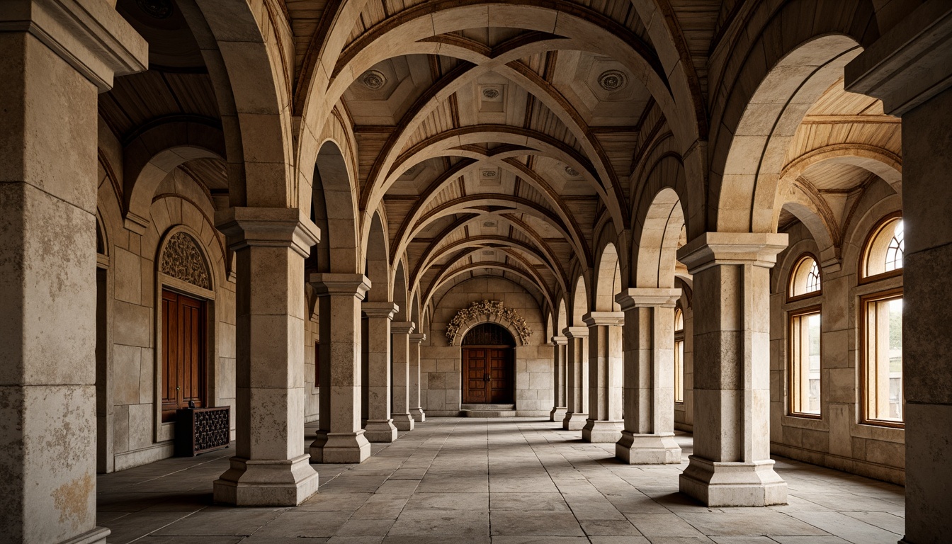 Prompt: Ancient Roman-inspired architecture, rounded arches, robust columns, ornate capitals, rusticated stone walls, grandiose entranceways, vaulted ceilings, ribbed domes, intricate carvings, Gothic influences, weathered stone textures, ambient lighting, warm earthy tones, 1/2 composition, shallow depth of field, realistic renderings.