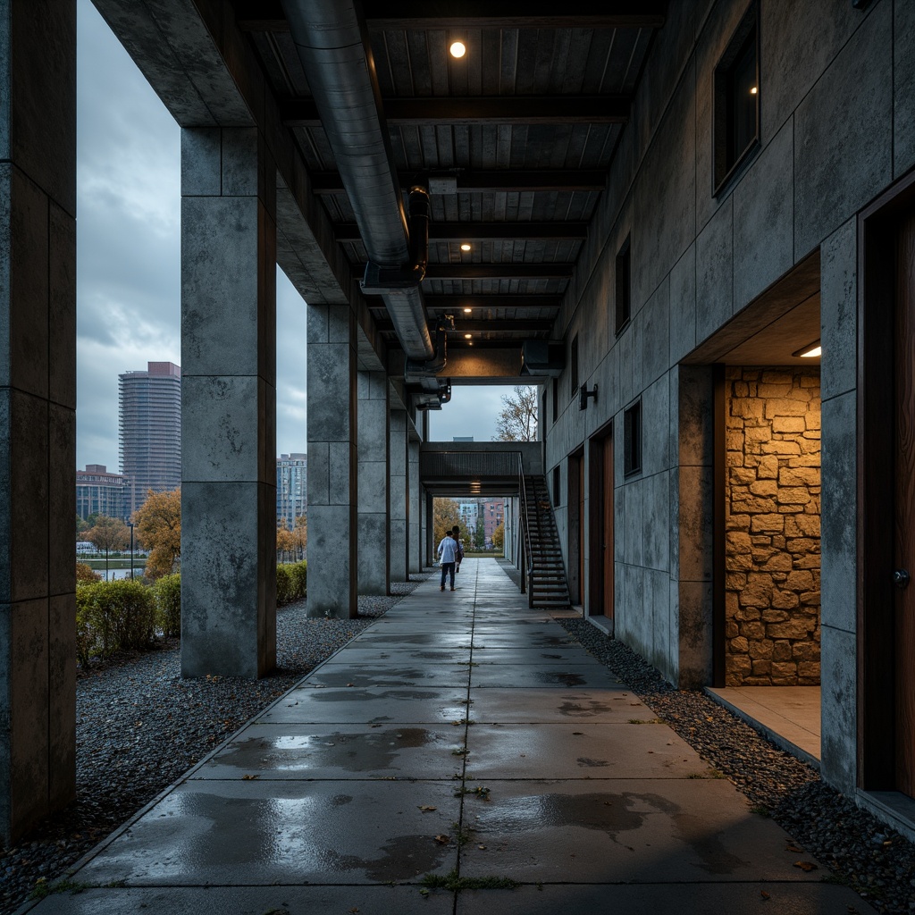 Prompt: Harsh concrete structures, brutalist architecture, industrial lighting, exposed ductwork, raw metal beams, rugged stone walls, dramatic shadows, high-contrast lighting, bold color accents, urban cityscape, overcast sky, diffused natural light, subtle ambient occlusion, 3-point lighting setup, strong backlighting, cinematic composition, realistic materials, gritty textures.