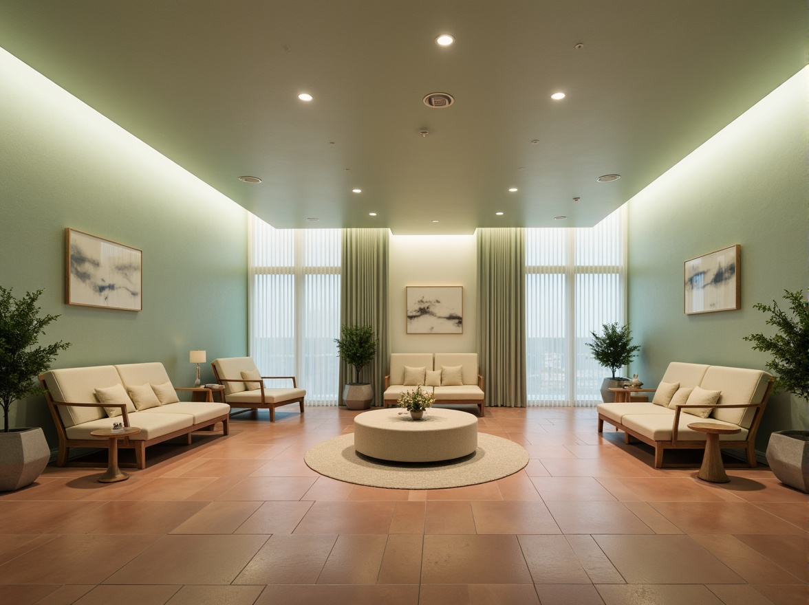 Prompt: Calming clinic interior, soothing green walls, creamy white accents, warm beige furniture, natural wood tones, subtle blue undertones, earthy terracotta flooring, soft diffused lighting, 1/1 composition, shallow depth of field, realistic textures, ambient occlusion.