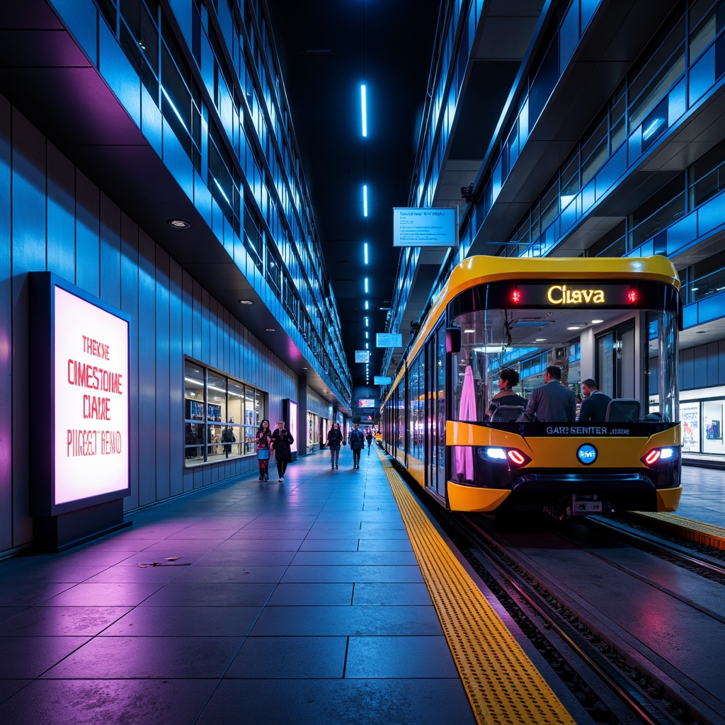 Prompt: Futuristic tram station, sleek metallic walls, neon-lit advertisement boards, high-gloss floors, modern LED lighting, dynamic color schemes, bold font signage, angular architecture, minimalist design, stainless steel columns, glass roofs, open spaces, urban cityscape, busy pedestrian traffic, vibrant night scenes, cool blue undertones, warm yellow accents, electric purple highlights, futuristic ambiance, 3/4 composition, shallow depth of field, panoramic view.