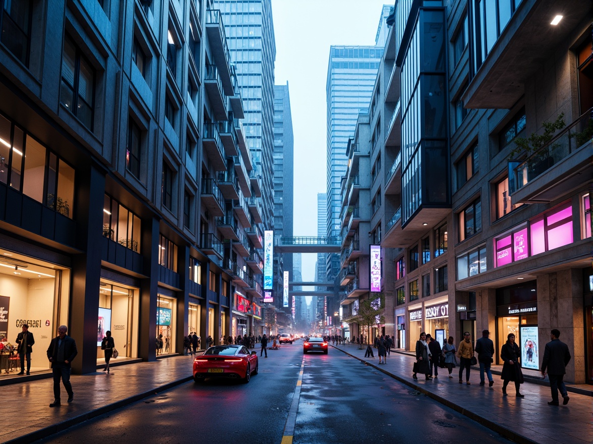 Prompt: Futuristic cityscape, neon-lit skyscrapers, sleek metallic surfaces, angular granite buildings, polished chrome accents, iridescent glass facades, holographic advertisements, virtual reality interfaces, cyberpunk-inspired alleys, misty atmospheric lighting, shallow depth of field, 1/2 composition, cinematic camera angles, realistic reflections, ambient occlusion.