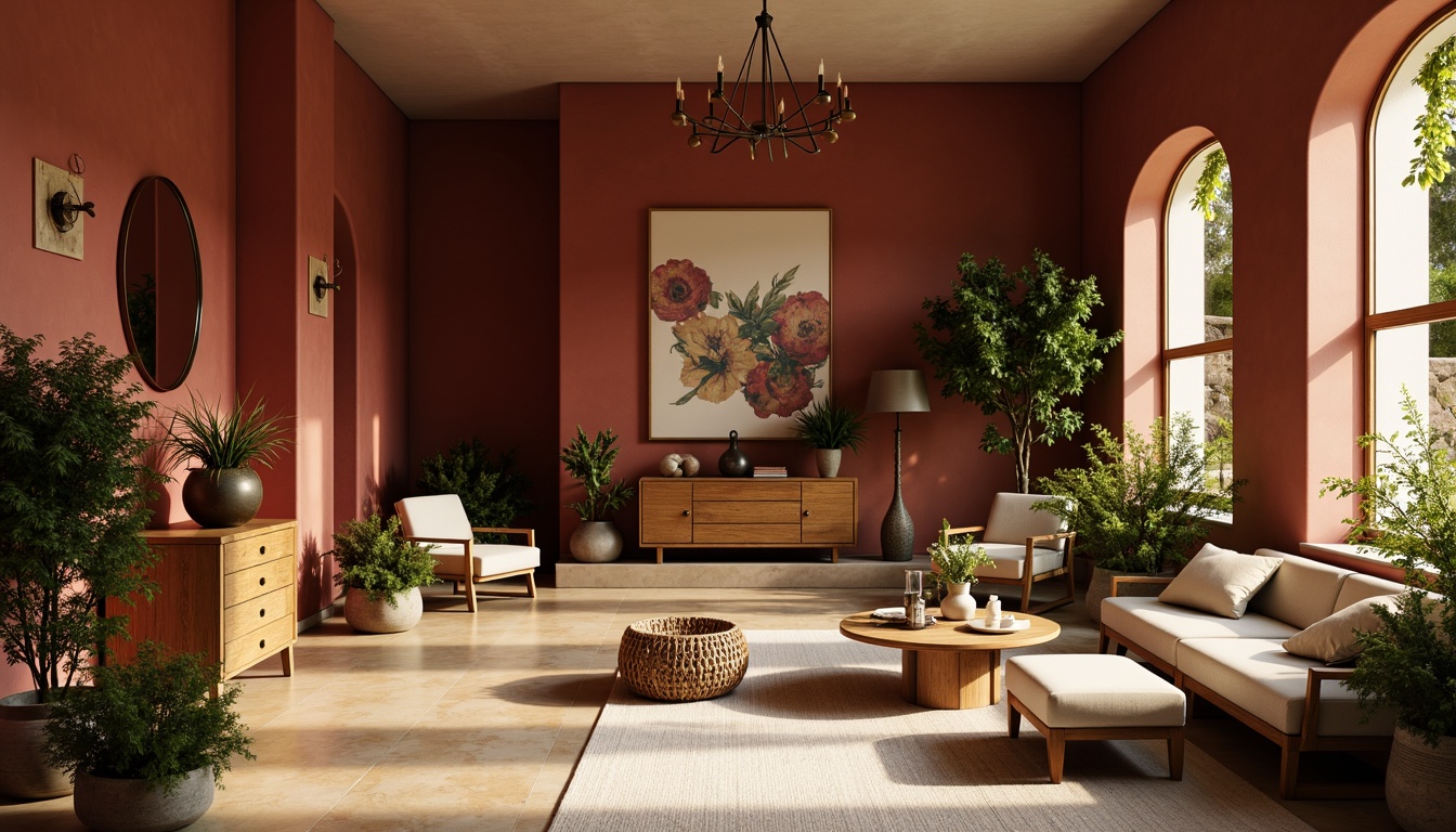 Prompt: Rich maroon accents, earthy terracotta walls, warm beige floors, natural wood furniture, rustic metal decorations, soft golden lighting, cozy atmosphere, intimate gathering spaces, comfortable seating areas, vibrant greenery, blooming flowers, creamy white textiles, subtle texture overlays, 1/2 composition, shallow depth of field, realistic material reflections, ambient occlusion.