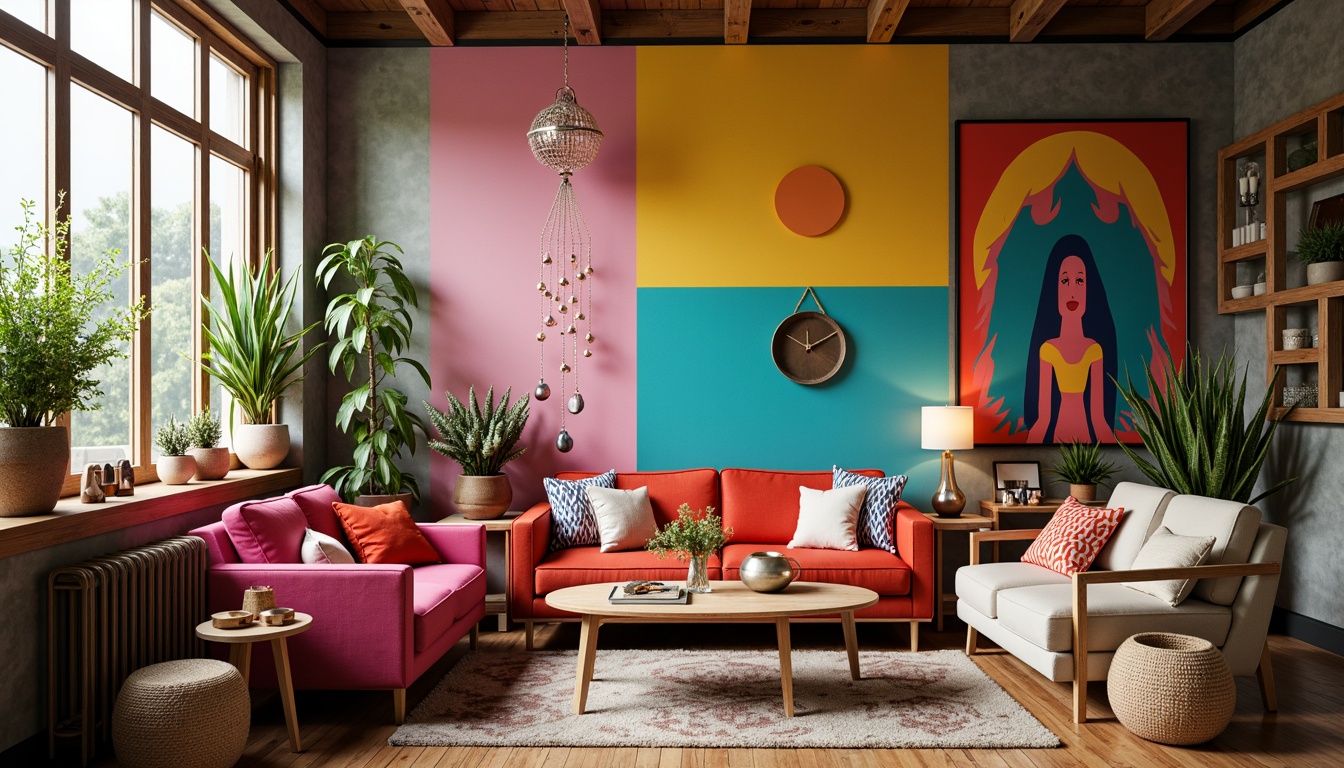 Prompt: Vibrant artistic studio, eclectic furniture, bold color blocking, pastel hues, rich textures, metallic accents, natural wood tones, bohemian-inspired decor, oversized artwork, abstract sculptures, warm atmospheric lighting, soft focus, shallow depth of field, 1/1 composition, intimate setting, cozy ambiance, relaxed mood.